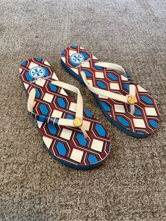 Tory Burch Shoes - Tory Burch White Strap Flip Flops with Blue and Red Geometric Print